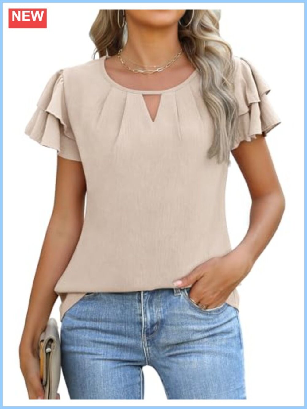 Womens Pleated Ruffle Short Sleeve Keyhole Tunic Blouse Business Casual Work Top